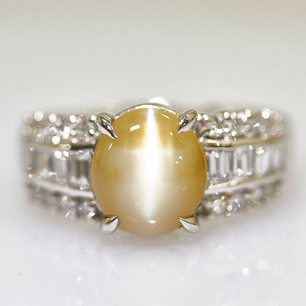Pt900 プラチナ キャッツアイ4.17ct ダイヤ0.85ct リング 指輪 レディース 15.5号 【中古】
