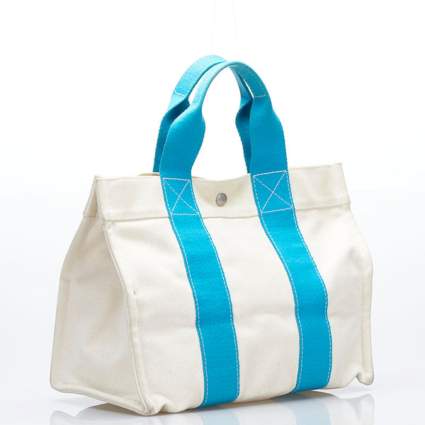 エルメス ボラボラPM トートバッグ ハンドバッグ ターコイズブルー ホワイト キャンバス レディース HERMES 【中古】