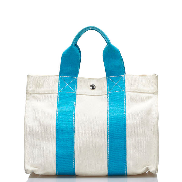エルメス ボラボラPM トートバッグ ハンドバッグ ターコイズブルー ホワイト キャンバス レディース HERMES 【中古】