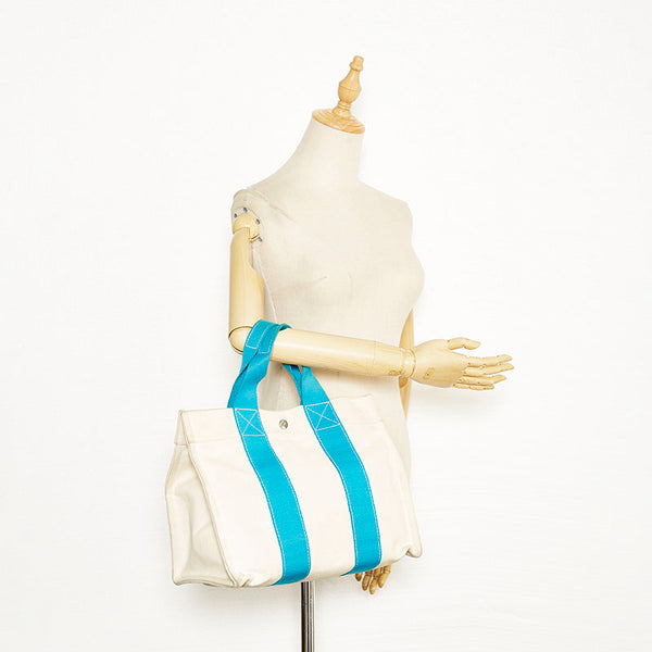 エルメス ボラボラPM トートバッグ ハンドバッグ ターコイズブルー ホワイト キャンバス レディース HERMES 【中古】