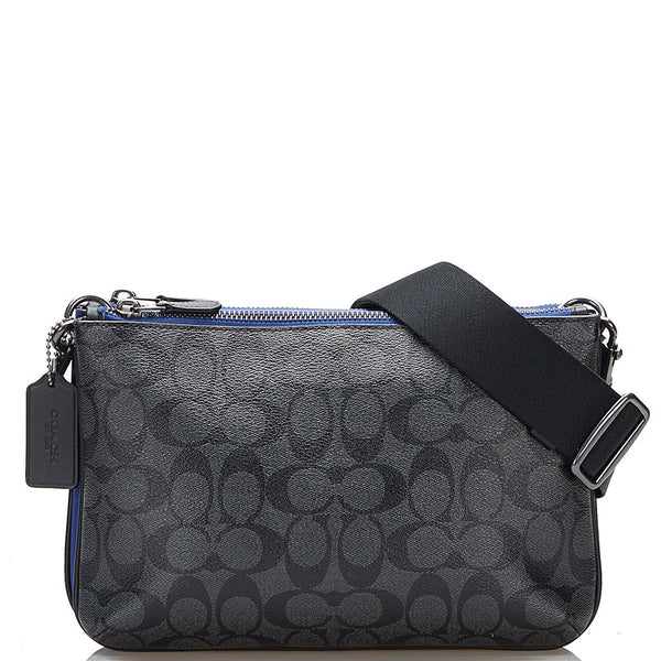 コーチ シグネチャー 斜め掛け ショルダーバッグ  C6957 ブルー ブラック PVC レザー レディース COACH 【中古】