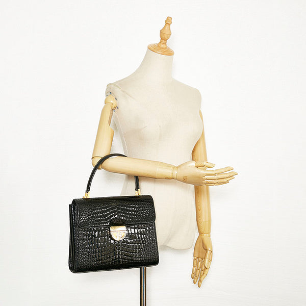 グッチ クロコ型押し ハンドバッグ ブラック レザー レディース GUCCI 【中古】