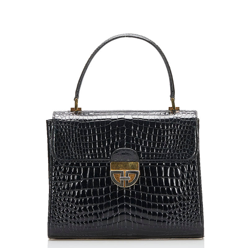 グッチ クロコ型押し ハンドバッグ ブラック レザー レディース GUCCI 【中古】