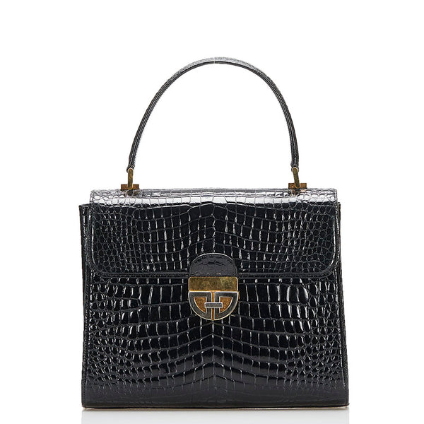 グッチ クロコ型押し ハンドバッグ ブラック レザー レディース GUCCI 【中古】
