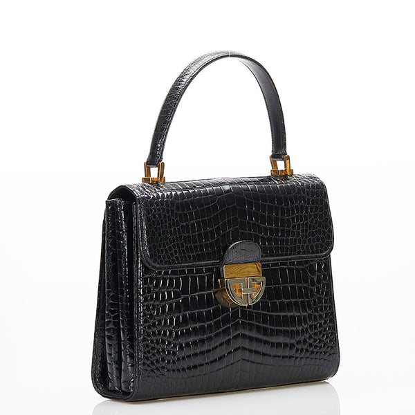 グッチ クロコ型押し ハンドバッグ ブラック レザー レディース GUCCI 【中古】
