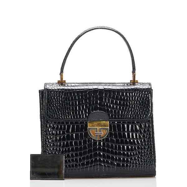 グッチ クロコ型押し ハンドバッグ ブラック レザー レディース GUCCI 【中古】