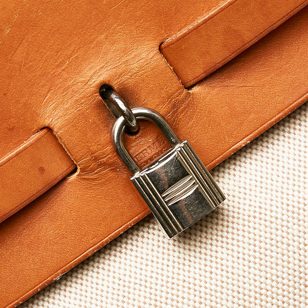 エルメス エールバッグMM ハンドバッグ ショルダーバッグ ホワイト ブラウン キャンバス レザー レディース HERMES 【中古】