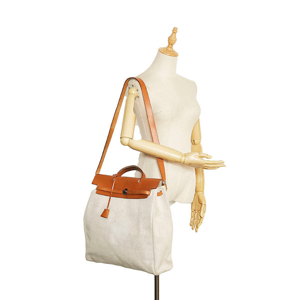 エルメス エールバッグMM ハンドバッグ ショルダーバッグ ホワイト ブラウン キャンバス レザー レディース HERMES 【中古】