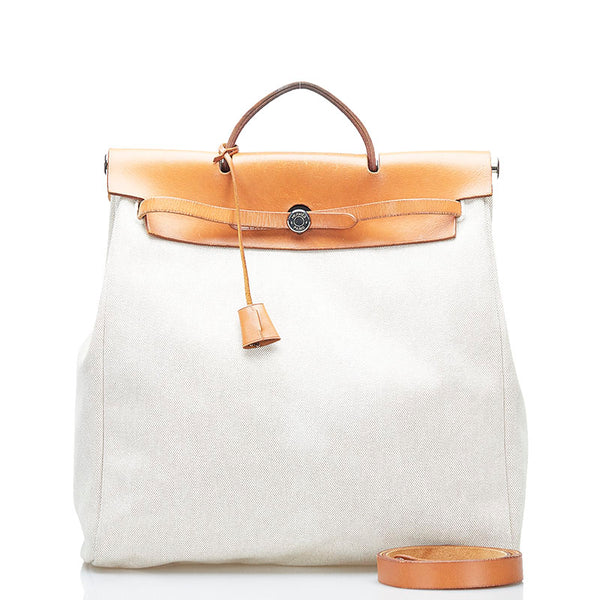 エルメス エールバッグMM ハンドバッグ ショルダーバッグ ホワイト ブラウン キャンバス レザー レディース HERMES 【中古】