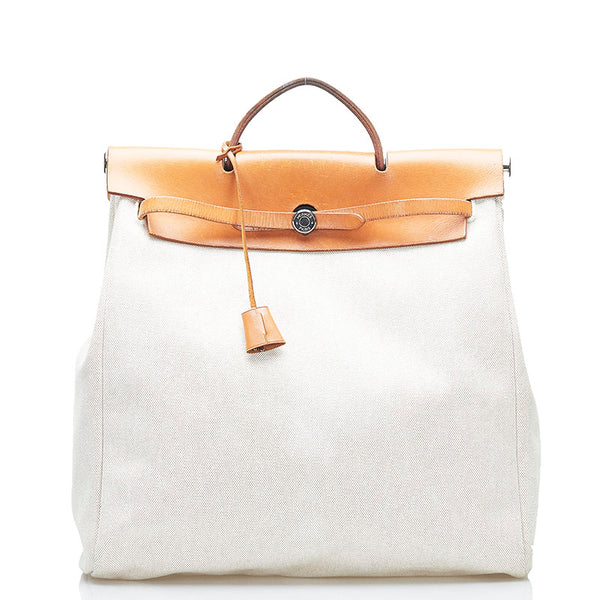 エルメス エールバッグMM ハンドバッグ ショルダーバッグ ホワイト ブラウン キャンバス レザー レディース HERMES 【中古】
