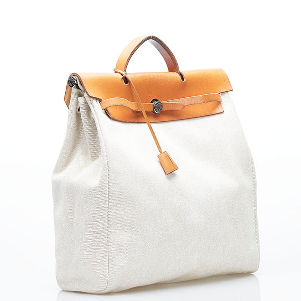エルメス エールバッグMM ハンドバッグ ショルダーバッグ ホワイト ブラウン キャンバス レザー レディース HERMES 【中古】