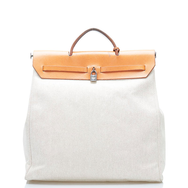 エルメス エールバッグMM ハンドバッグ ショルダーバッグ ホワイト ブラウン キャンバス レザー レディース HERMES 【中古】