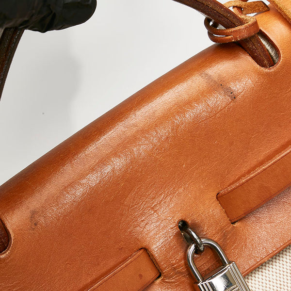 エルメス エールバッグMM ハンドバッグ ショルダーバッグ ホワイト ブラウン キャンバス レザー レディース HERMES 【中古】