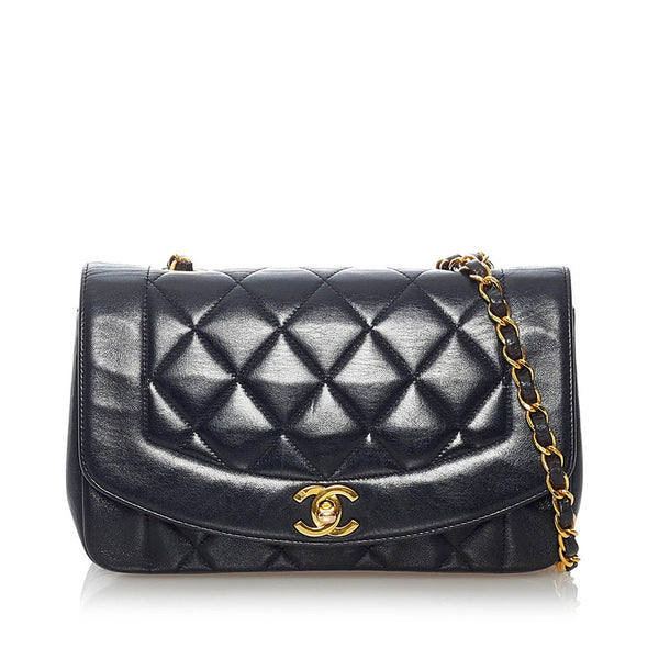 シャネル マトラッセ ダイアナ チェーン 斜め掛け ショルダーバッグ ブラック ラムスキン レディース CHANEL 【中古】