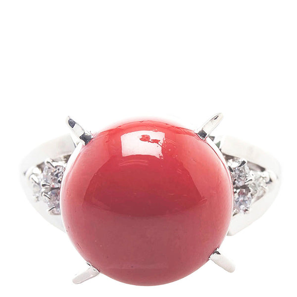 Pt900 プラチナ 赤サンゴ12.8mm ダイヤ0.16ct リング 指輪 レディース 10.5号 【中古】