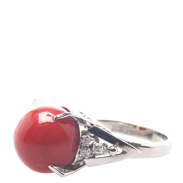 Pt900 プラチナ 赤サンゴ12.8mm ダイヤ0.16ct リング 指輪 レディース 10.5号 【中古】