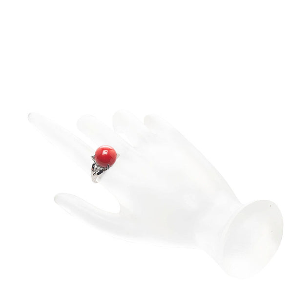 Pt900 プラチナ 赤サンゴ12.8mm ダイヤ0.16ct リング 指輪 レディース 10.5号 【中古】