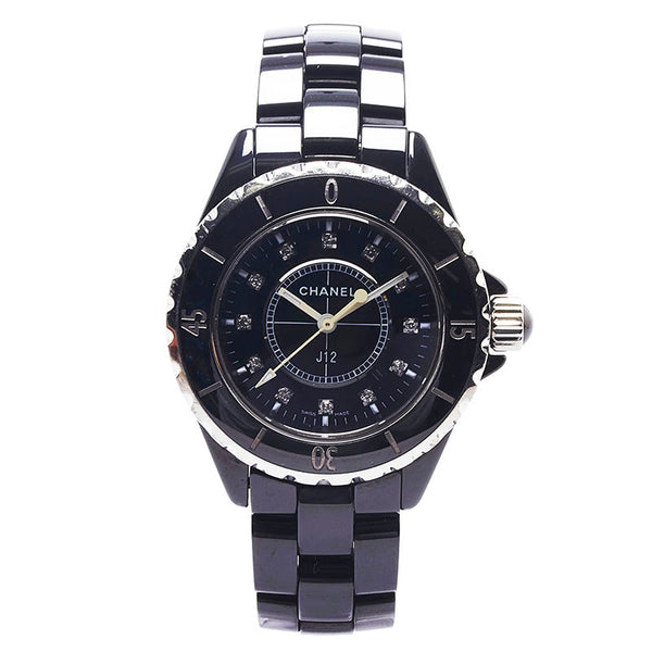 シャネル J12 12Pダイヤ 腕時計 H1625 クオーツ ブラック文字盤 ステンレススチール セラミック レディース CHANEL 【中古】