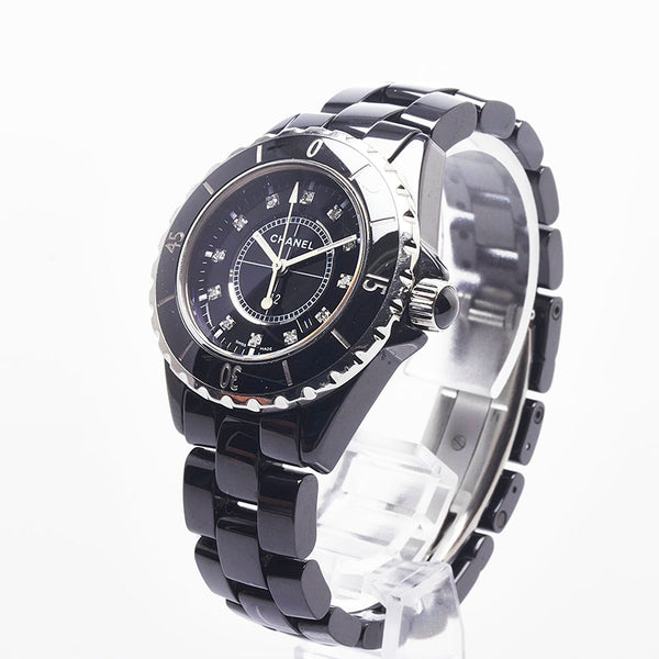 シャネル J12 12Pダイヤ 腕時計 H1625 クオーツ ブラック文字盤 ステンレススチール セラミック レディース CHANEL 【中古】
