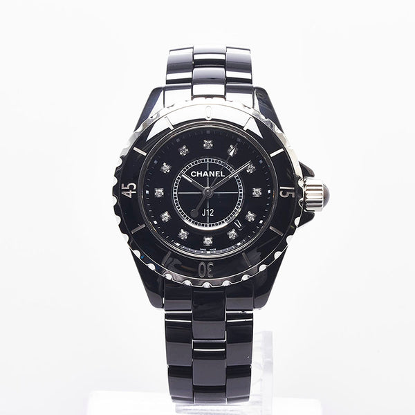 シャネル J12 12Pダイヤ 腕時計 H1625 クオーツ ブラック文字盤 ステンレススチール セラミック レディース CHANEL 【中古】