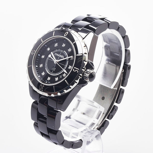シャネル J12 12Pダイヤ 腕時計 H1625 クオーツ ブラック文字盤 ステンレススチール セラミック レディース CHANEL 【中古】