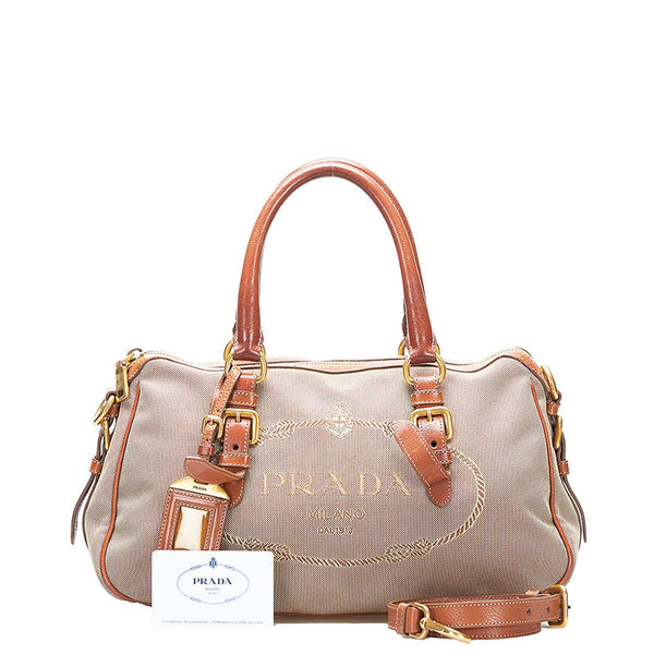 プラダ ロゴジャガード ハンドバッグ ショルダーバッグ 2WAY ベージュ ブラウン キャンバス レザー レディース PRADA 【中古】