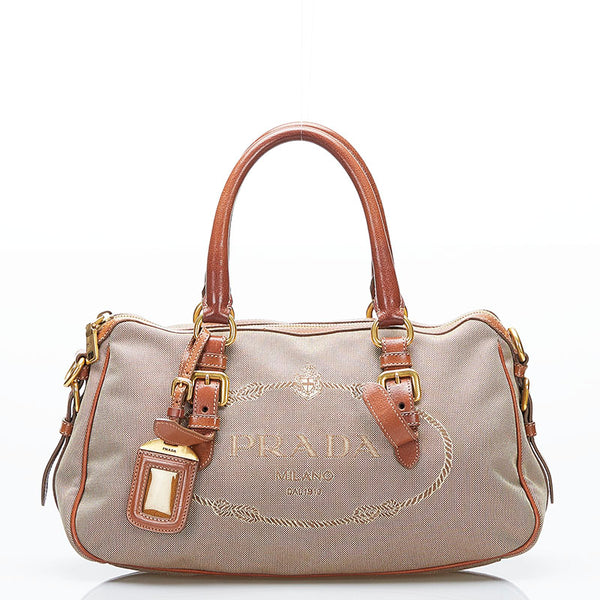 プラダ ロゴジャガード ハンドバッグ ショルダーバッグ 2WAY ベージュ ブラウン キャンバス レザー レディース PRADA 【中古】