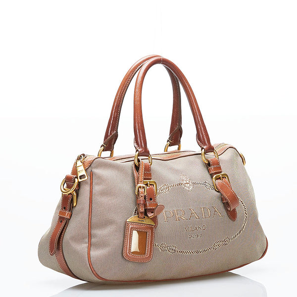 プラダ ロゴジャガード ハンドバッグ ショルダーバッグ 2WAY ベージュ ブラウン キャンバス レザー レディース PRADA 【中古】