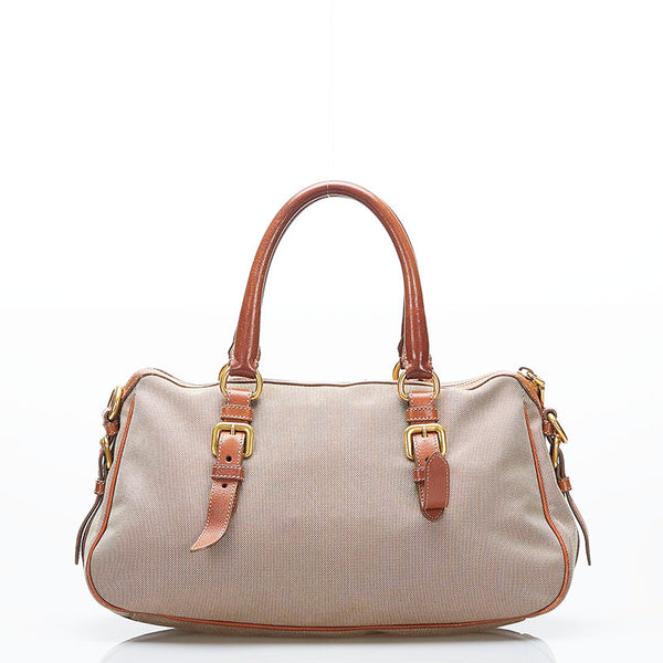 プラダ ロゴジャガード ハンドバッグ ショルダーバッグ 2WAY ベージュ ブラウン キャンバス レザー レディース PRADA 【中古】