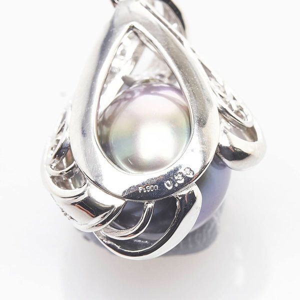 Pt900 プラチナ Pt850 プラチナ ブラックパール約14×13mm ダイヤ0.33ct ペンダントネックレス レディース 【中古】
