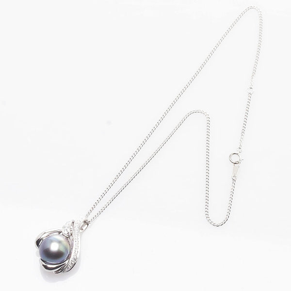 Pt900 プラチナ Pt850 プラチナ ブラックパール約14×13mm ダイヤ0.33ct ペンダントネックレス レディース 【中古】