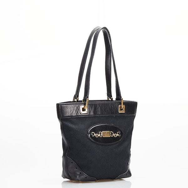 グッチ GGキャンバス ハンドバッグ トートバッグ 145994 ブラック キャンバス レザー レディース GUCCI 【中古】