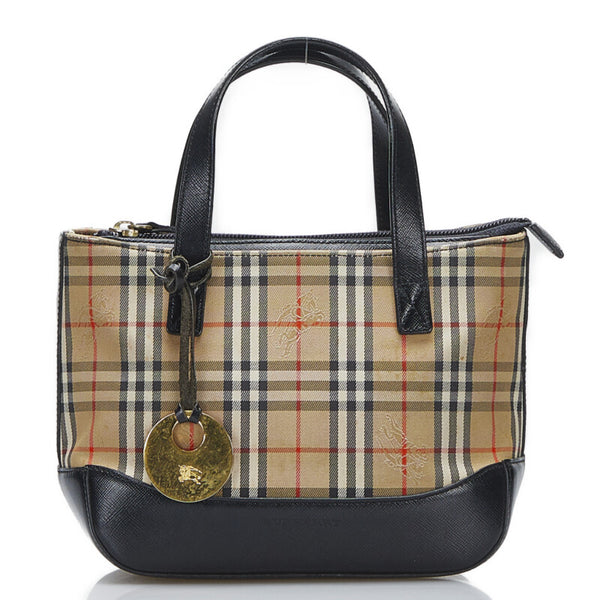 バーバリー ノバチェック  シャドーホース ハンドバッグ ブラウン ブラック キャンバス レザー レディース BURBERRY 【中古】