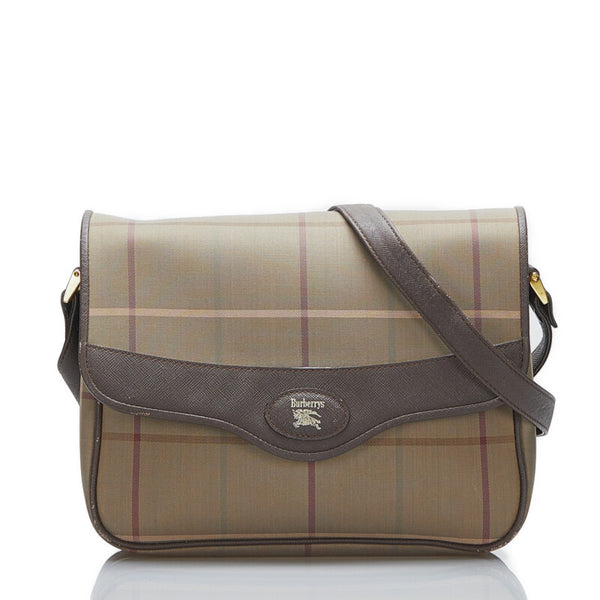 バーバリー チェック 斜め掛け ショルダーバッグ カーキ ブラウン キャンバス レザー レディース BURBERRY 【中古】