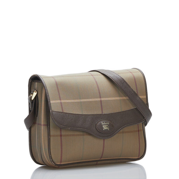 バーバリー チェック 斜め掛け ショルダーバッグ カーキ ブラウン キャンバス レザー レディース BURBERRY 【中古】