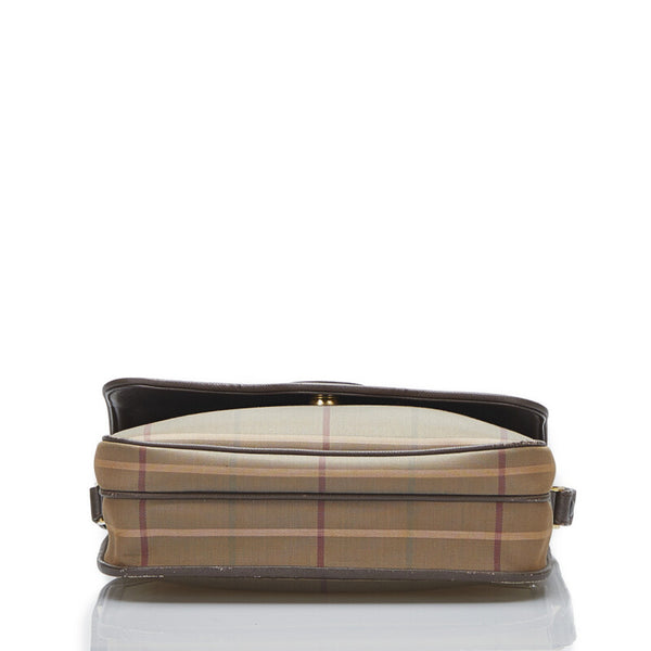 バーバリー チェック 斜め掛け ショルダーバッグ カーキ ブラウン キャンバス レザー レディース BURBERRY 【中古】