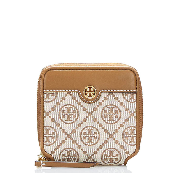 トリーバーチ 二つ折り財布 コンパクトウォレット ベージュ キャンバス レザー レディース Tory Burch 【中古】