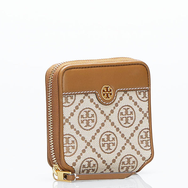 トリーバーチ 二つ折り財布 コンパクトウォレット ベージュ キャンバス レザー レディース Tory Burch 【中古】