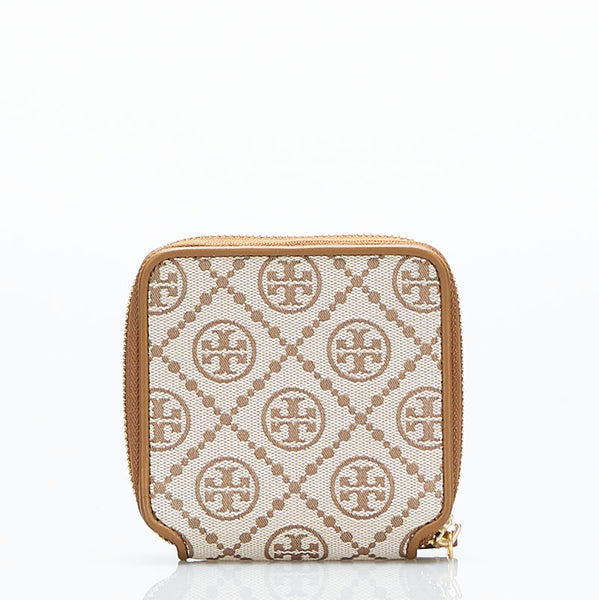 トリーバーチ 二つ折り財布 コンパクトウォレット ベージュ キャンバス レザー レディース Tory Burch 【中古】