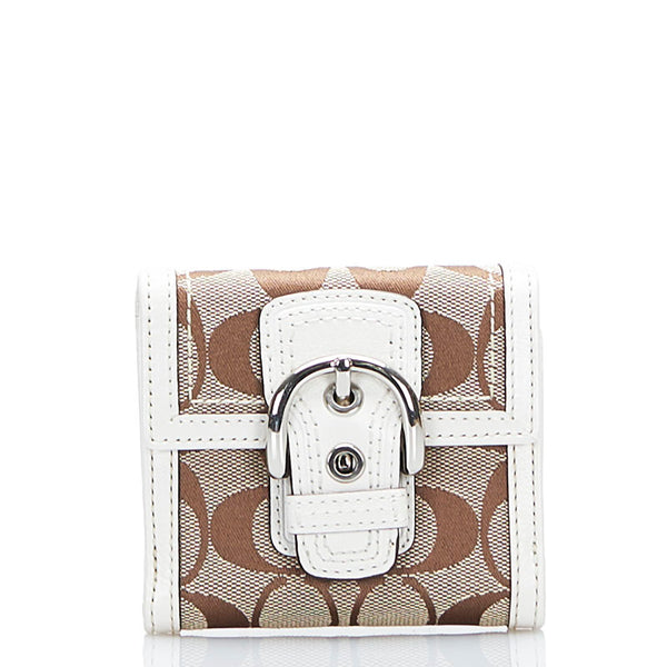 コーチ シグネチャー 二つ折り財布 ベージュ ホワイト キャンバス レザー レディース COACH 【中古】