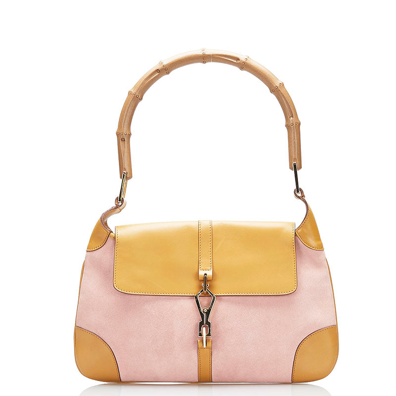 グッチ バンブー ワンショルダーバッグ ハンドバッグ 001 4096 ピンク ブラウン スウェード レザー レディース GUCCI 【中古】