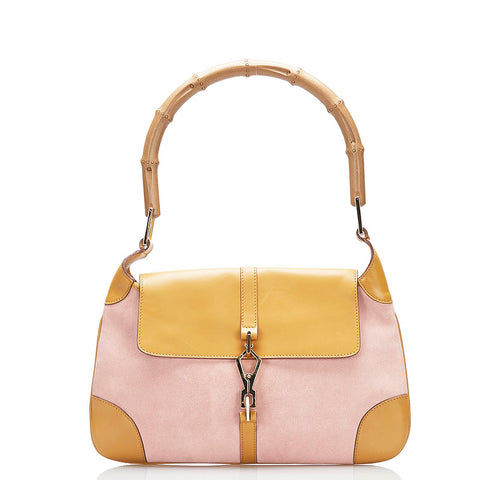 グッチ バンブー ワンショルダーバッグ ハンドバッグ 001 4096 ピンク ブラウン スウェード レザー レディース GUCCI 【中古】