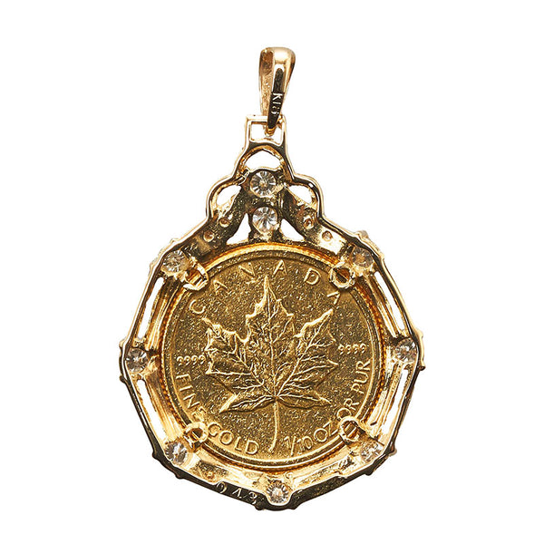 K24IG インゴット K18YG イエローゴールド ダイヤ0.43ct メイプルリーフ 5ドル金貨 1/10OZ エリザベスⅡ世 ペンダントトップ レディース 【中古】