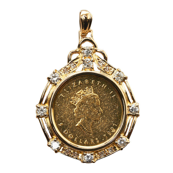K24IG インゴット K18YG イエローゴールド ダイヤ0.43ct メイプルリーフ 5ドル金貨 1/10OZ エリザベスⅡ世 ペンダントトップ レディース 【中古】