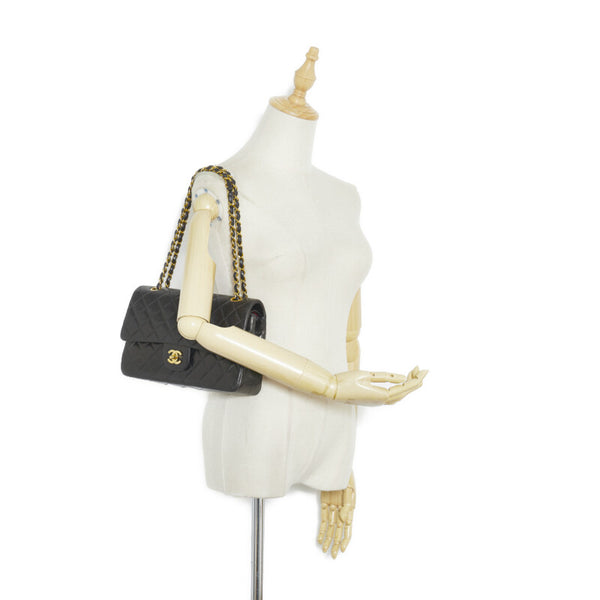 シャネル マトラッセ25 ダブルフラップ チェーン ショルダーバッグ ブラック レザー レディース CHANEL 【中古】
