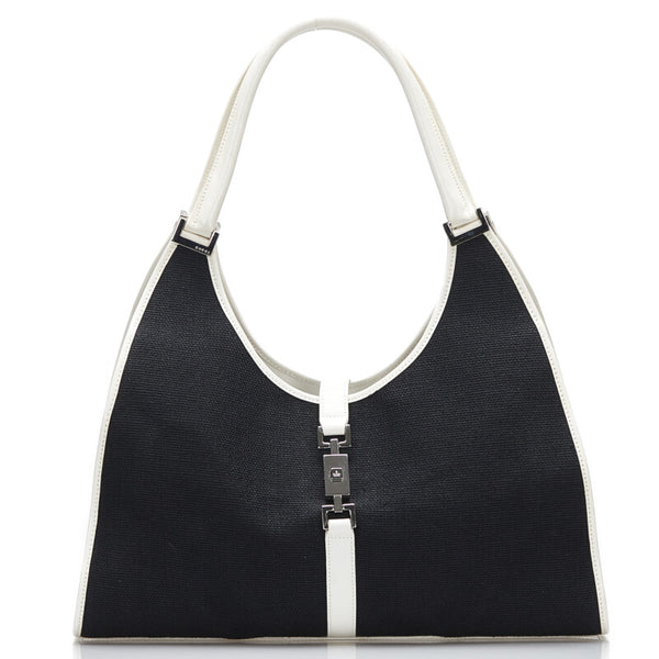 グッチ ジャッキー ハンドバッグ ショルダーバッグ 002-1066 ブラック ホワイト キャンバス レザー レディース GUCCI 【中古】
