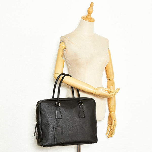 プラダ ビジネスバッグ ブリーフケース ハンドバッグ ブラック レザー メンズ PRADA 【中古】