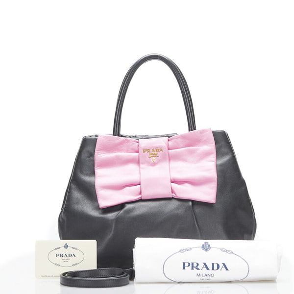 プラダ リボン ハンドバッグ ショルダーバッグ 2WAY BN1604 ブラック ピンク レザー レディース PRADA 【中古】