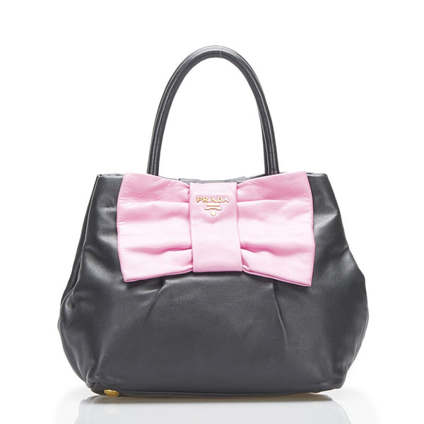 プラダ リボン ハンドバッグ ショルダーバッグ 2WAY BN1604 ブラック ピンク レザー レディース PRADA 【中古】