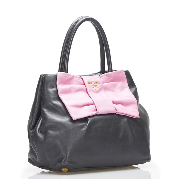 プラダ リボン ハンドバッグ ショルダーバッグ 2WAY BN1604 ブラック ピンク レザー レディース PRADA 【中古】